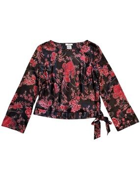 Vintage AGB Satin Floral Boxy Tie Waist Asian Inspired Blouse Size Large